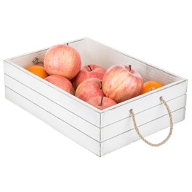MyGift Vintage White Wood Decorative Storage Organizer Bin with Rope Handles, Open Top Small Crate Box for Bathroom Accessories, Books, Crafts, Fruits