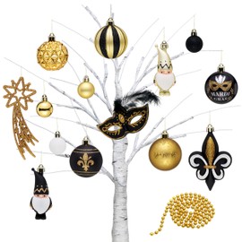 DecorbyHannah 40ct Mardi Gras Decorations Ornaments, Ramadan Decorations for Home, Black Gold Tree Ornaments with Carnival Masks and Mardi Gras Beads, Shatterproof Ornaments for Masquerade Party