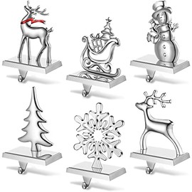 6 Pieces Snowflake Stocking Holder Christmas Stocking Holders Elk Santa Claus Silver Metal Stocking Hanger Mantle Hooks for Mantel Fireplace Christmas Party and Home Decoration(Santa Claus)