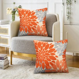 Velvhom Decorative Cushion Cover 50 x 50 cm Sofa Cushion Orange and Grey Set of 2 Cushion Covers Soft Linen Dahlia Cushion Cover Outdoor Cushion Geometric Decorative Cushion Cuddly Cushion Covers