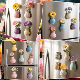 Mini Vase Magnets for Fridge - Cute Flowers Plant Ceramic Vase Magnets Tiny 3D Magnetic Vases for Refrigerator Kitchen Locker Office Decoration (6 Pack)