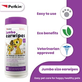 Petkin Jumbo Pet Ear Wipes, 80 Extra Moist Wipes - Soothing & Deodorizing Pet Ear Cleaner to Remove Dirt, Odor, & Wax - Safe, Convenient, & Easy to Use Pet Wipes for Dogs, Cats, Puppies & Kittens