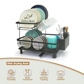 Goderewild Iron 2-Tier Dish Drying Rack - Large Capacity, Kitchen Counter Drainer with Drainboard, Swivel Spout, Removable Cutlery Holder, Durable Design (2T-Black)