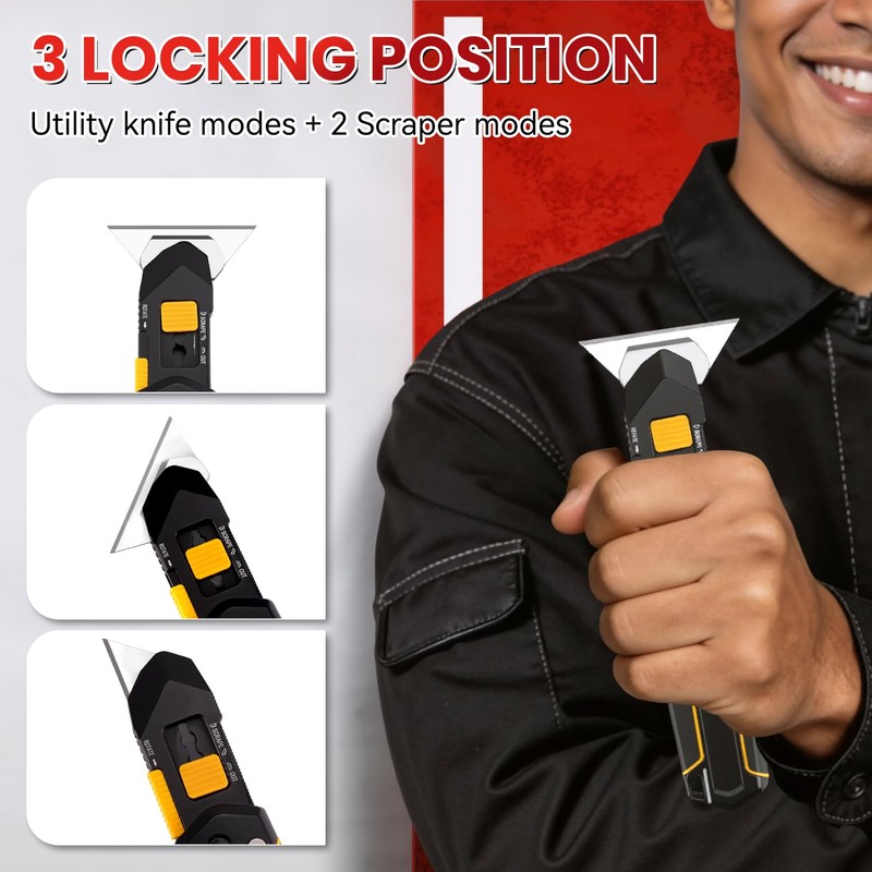 PINOZE Folding Utility Knife Scraper, 3-in-1 Box Cutter with Lanyard