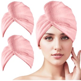 2 Pack Microfiber Hair Towel Wrap,H HOME-MART Super Absorbent Twist Hair Turban Hair Wrap for Women Fast Drying Hair Drying Cap with Buttons,Long & Thick Microfibre Hair Towel (Pink)