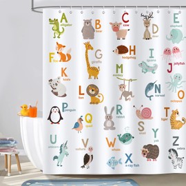 Bonhause Shower Curtain for Children ABC Alphabet Learning Animals Shower Curtains 180 x 180 cm Anti-Mould Waterproof Polyester Fabric Washable Bathroom Curtain for Bathroom with 12 Hooks