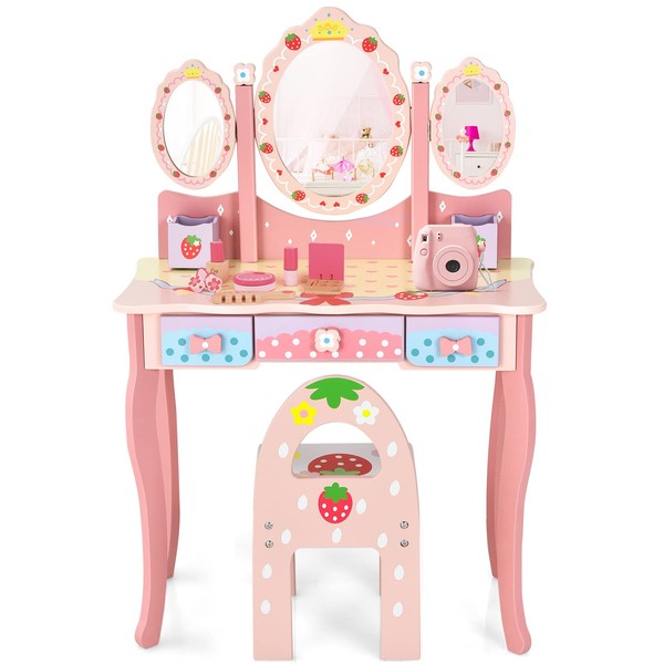 COSTWAY Kids Vanity Table and Chair, Girls Dressing Table with Tri-Folding Mirror, Drawers and Storage Boxes, Cute Playroom Bedroom Furniture for Toddlers (Pink)