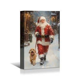 Christmas Canvas: Santa Walking Dog on Snowy Street, Festive Home Decor Charming Canvas Art Perfect for Christmas Home Decorcolor: As shown, size: 16*24 inch