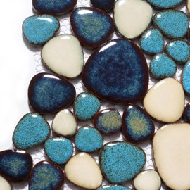 Primoon Pebble Tiles 5 Sheets, Aqua Teal Blue Mosaic Tiles for Accent Wall Backsplash, Pebble Tile for Bathroom Shower Floor