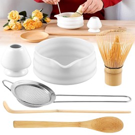 Roczential 5-Pack Matcha Set with Matcha Whisk Stand, Bamboo Matcha Whisk, Bowl with spout, Bamboo Matcha Spoon and Stainless Steel Sieve, Matcha Tea Set (White)