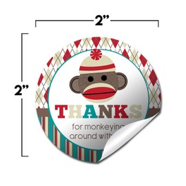 Sock Monkey Birthday Thank You Sticker Labels for Kids, 40 2" Party Circle Stickers by AmandaCreation, Great for Party Favors, Envelope Seals & Goodie Bags