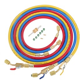 Aupoko AC Refrigerant Charging Hose with Ball Valve, 3-Color 60" R410A HVAC Hoses Kit with 1/4’’ SAE Thread, with Valve Core Remover Kit for R410A R134A R12 R22 R502 R404 Air Condition Maintenance