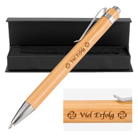 LAOYE Viel Erfolg Ballpoint Pen Bamboo with Clover Leaf Engraving – Sustainable Gift Exam Gift, Leaving Gift, New Job Gift – Good Luck (Blue Writing)