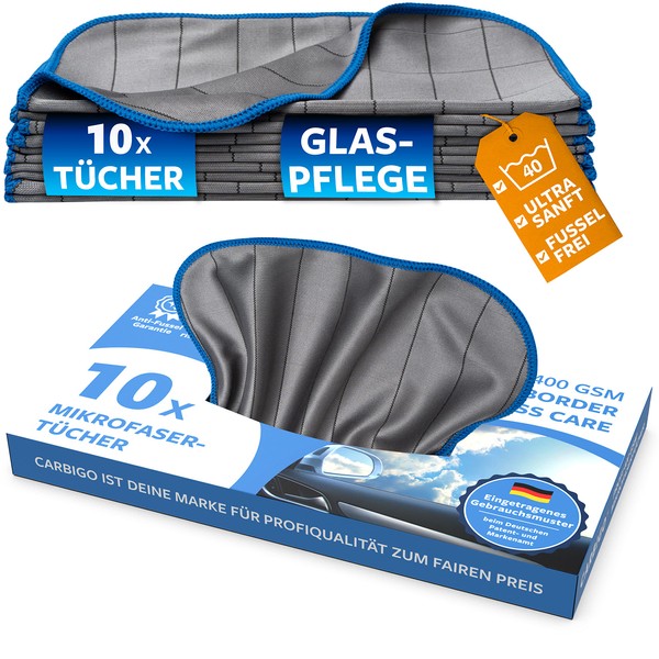 Carbigo® Box 10 x Microfibre Glass Cloths - Microfibre Cloth Glass for Streak-free Cleaning of Windows, Glasses - Crystal Clear Car Windows - Perfect Microfibre Glass Cloths 25 x 25 cm (400 GSM)