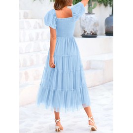 PRETTYGARDEN Women's Smocked Midi Tulle Dress 2025 Summer Puffy Short Sleeve Square Neck Ruffle Wedding Guest Party Dresses (Light Blue,Small)