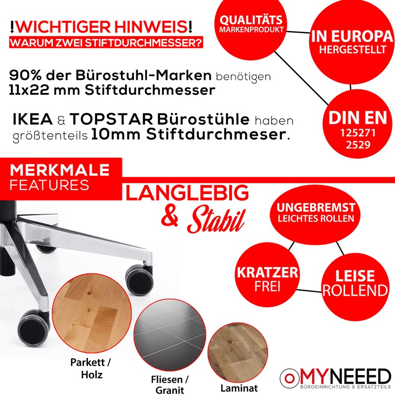 MYNEEED Office chair castors for hard floors, diameter 65 mm,