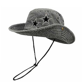 Jeans Denim Cowboy Hat for Women Y2k Crystal Star Washed Bucket Hat with String Sun Cap Foldable Safari Boonie Hat