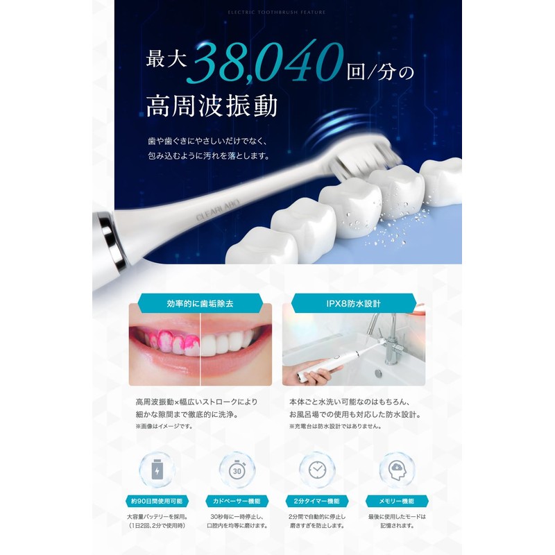 電動歯ブラシ【現役歯科医師監修】ソニック 音波歯ブラシ ナノ歯ブラシ IPX8 防水 歯磨き ブラシヘッド2本 ギフト プレゼント CLEARLABO