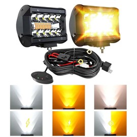 ASLONG 2PCS 4Inch LED Single Row White/Amber Flasing Strobe Pods Work Lights Off-Road Driving Fog Lights with Switch Wiring Harness (4Inch White/Amber LED Pods)