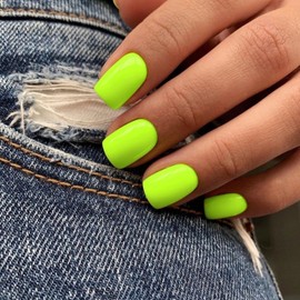 KXAMELIE Neon Green Press on Nails Short Square, 48pcs Thick Reusable Fake Nails for Women, Short Coffin Artificial Nails New Solid Color Square Nails