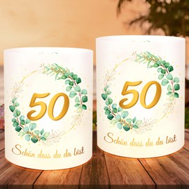 LOHAME Pack of 12 Lantern Table Decoration Golden Wedding Lanterns 50th Anniversary Woman Man Table Decoration Green Eucalyptus Schön DASS du da bist Gold Wedding Anniversary Party Decoration for