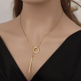 MOTIBACK Lariat Necklace for Women, Dainty Circle Chain with 14K Gold Plated Teardrop Pendant, Short Y Necklace - Elegant Drop Necklace Gold for Daily Wear