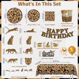 cocomigo 203 Pcs Cheetah Birthday Decorations Tableware Set, Cheetah Print Supplies Include Banner, Plates, Balloons and Tablecloth Etc, for Leopard Birthday Decorations Serves 25 Guests