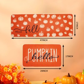JDGHGB 2 PCS Orange Hello Pumpkin Fall Kitchen Mat Rug,Fall Decorations for Home,Orange Kitchen Decor Rugs for Floor 17x29 and 17x47 Inch