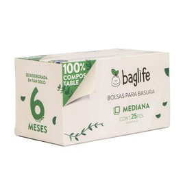 Baglife, Bolsa para basura Mediana 25x34" Pulg (60X86 cms) 100% Compostable, Certificada, 25 pzas.