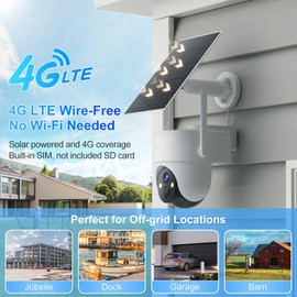 4G LTE Cellular Solar Security Camera Outdoor, No WiFi Security Camera, 360° View, 2K Night Vision, PIR Detection, 2 Way Audio, Motion Alerts, Built in SIM Card for Jobsite Dock Garage Barn