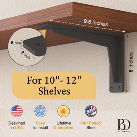 Heavy-Duty Load L Mantel Shelf Brackets by Balin Designs (Black) DIY Brackets with Mounting Hardware for 10", 12” and 14" Shelves, Ideal for Fireplace, Granite Countertops, Bookshelves (Set of 2)