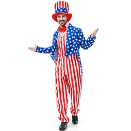 Boveco Uncle Sam Costume 4th of July for Men 6pcs Deluxe American Flag Suit Set Independence Day Patriotic for Party Cosplay XL