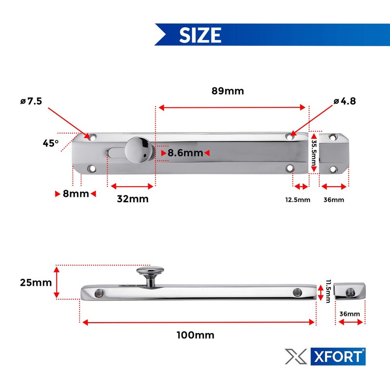 XFORT® 4 Inch Polished Chrome Surface Bolt, Heavy Duty Internal
