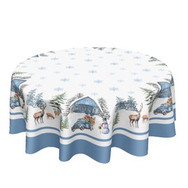 Winter Snowflake Snowman Round Tablecloth 60 Inch Deer Cabin and Farm Truck Christmas Decorative Table Cloth Blue Winter Holiday Tablecloth Polyester Table Cover for Kitchen Dining Room Party Decor