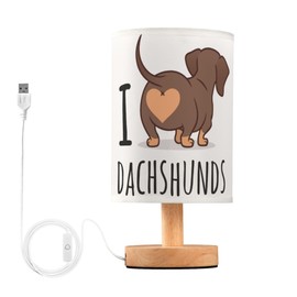 YYZZH Table Lamp Cute Dachshund Dog I Love Dachshunds Heart Butt Nightstand Lamp with Wood Base Fabric Lamp Shade Bedside Desk Lamp for Living Room Bedroom Kids Room Office