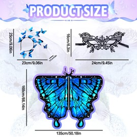 Womens Girls Butterfly Wings Shawl, Adult Butterfly Wings Cape with Black Lace Eye Mask and Three-dimensional Butterfly Headband, Butterfly Costumes Fairy Pixie Cloak Fancy Dress Props Accessory(Blue)
