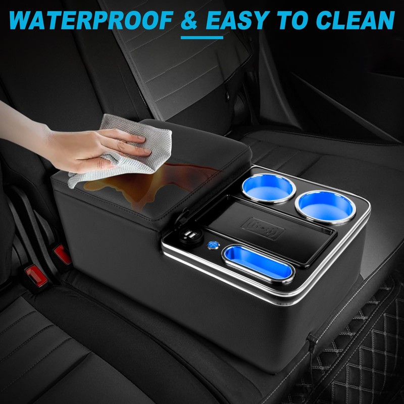 Car Center Console Armrest Organizer: with W-ireless Charging, Fast Charging,