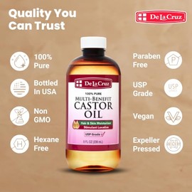 De La Cruz Castor Oil - 100% Pure Expeller Pressed Castor Oil for Nourishing Skin, Hair, Eyelashes, and Eyebrows - Natural Laxative USP Grade, 8 FL Oz