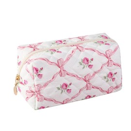 Makeup Bag Quilted,Cotton Cosmetic Pouch,Large Floral Make Up Bag for Women,Cute Flower Travel Toiletry Bag Organizer Portable for Purse,Bowknot Pink