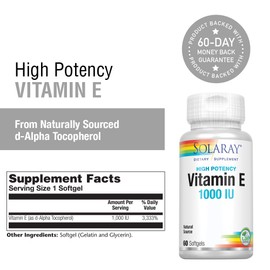 Solaray Vitamin E, d-Alpha Tocopherol 1000IU | for Healthy Cardiac Function, Antioxidant Activity & Skin Health Support | Lab Verified | 60 Softgels