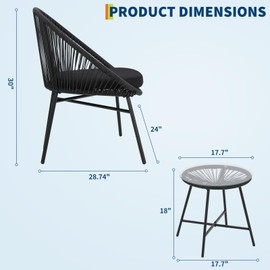 OutdoorVibe 3 Piece Acapulco Chair Set, All-Weather Modern Patio Furniture Set with Cushions, Plastic Rope, Glass Top Table and 2 Chairs, Woven Patio Conversation Bistro Set, Black