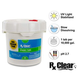 Rx Clear 3-Inch Water Soluble Chlorine Tabs | 22 Pound Bucket | Use As Bactericide, Algaecide Disinfectant in Swimming Pools Spas | No Need to Take Out of Wrapper