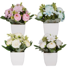 4Packs Small Fake Plant Mini Flower Potted Plants with Camellia for Home Indoor Outdoor Small Decorations