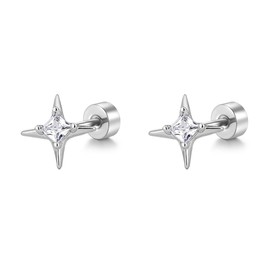 Cute 20G CZ Star Flat Screw Back Small Stud Earrings for Women Men Dainty Stainless Steel Crystal Cartilage Tiny Tragus Piercing Sleeper Studs Hypoallergenic Jewelry for Niece Daughter