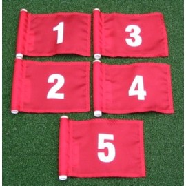 ShopTJB Set of White Numbered #1, 2, 3, 4, and #5 Each Printed on a Solid Red Jr. (8" L x 6" H) 400 Denier Pin Marker Flag for Golf & Putting Green Applications