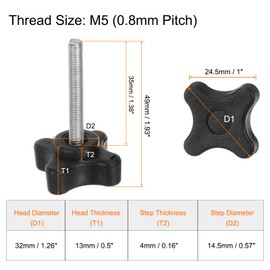 sourcing map 2pcs Star Clamping Knobs M5 x 35mm Metric Male Thread 32mm 4-Point Plastic Head Threaded Stud Knob Hand Tightening Thumb Screw Jig Handle, Black