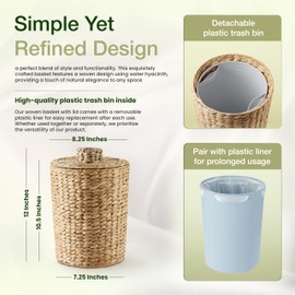 Tidita 2 Gallons Wicker Waste Basket - Water Hyacinth Bathroom Garbage Can with a Lid - Bathroom Trash Can Boho Style - Wicker Trash Can with Lid for Household, Kitchen - Removable Liner, Iron Frame