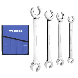 WORKPRO 4-Piece Flare Nut Wrench Set, Metric Brake Line Wrenches 10, 12, 13, 14, 15, 17, 19, 22mm, Cr-V Steel, 15° Offset Head Tubing Wrench, Organizer Pouch Included