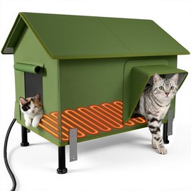 Heated Insulated Outdoor Cat House - InfLuvRealm 100% Waterproof Heated Cat Houses for Outdoor Cats with Escape Door & Heating Pad, Insulated for Feral Cats