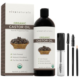 Viva Naturals Certified Organic Castor Oil (16 oz) â€" 100% Pure and Hexane Free + BONUS Mascara Kit Included, Perfect for Hair Care, Eyelashes and Brows